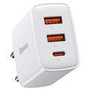 Baseus Compact, Quick Charge 30W, 2 x USB 5V/3A, 1 x USB Type-C 5V/3A, alb