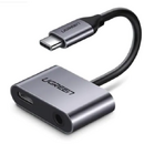 UGREEN ADAPTOR Incarcare si audio Ugreen, "CM193", 1 x USB Type-C(T) la 1 x USB Type-C(M) si 1 x Jack 3.5mm(M), lungime cablu 10 cm, gri