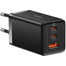 Baseus GaN5 Pro, 2 porturi USB C si un port USB, Cablu USB C la USB C inclus, 65W, Negru