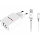 Swissten Incarcator Retea cu cablu Lightning Swissten Travel, Smart IC, 2.1A, 1.2m, 2 X USB, Alb