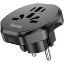 Hoco Adaptor Priza Universal PL/EU Plug / UK, 10A, 250V, 2500W - Hoco (AC6) - Black