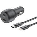 Budi Budi Car Charger, 2x USB-C, 40W, PD + USB-C to Lightning Cable (Black)