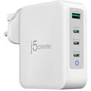 J5CREATE 130W GAN USB-C 4-PORT CHARGER -/UK Alb/Gri